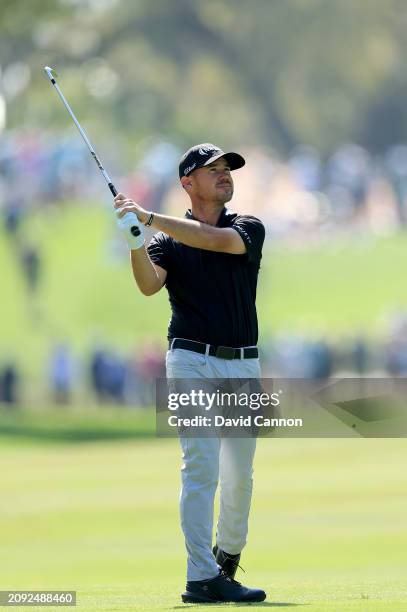 Brian Harman of The United States plays his second shot on the 10th hole during the final round of THE PLAYERS Championship at TPC Sawgrass on March...