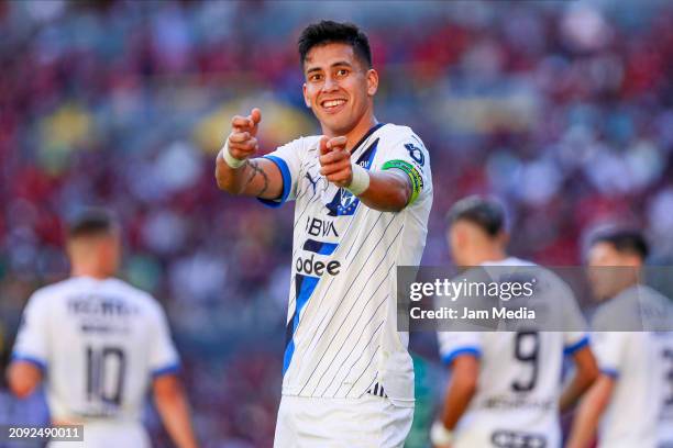 Maximiliano Meza of Monterrey celebrates after scoring the team's first goal during the 12th round match between Atlas and Monterrey as part of the...