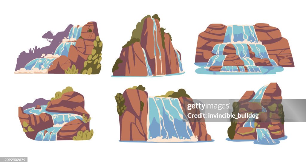 Waterfall Cartoon No Rocks Cartoon Waterfalls And Water Cascades Vector Set Game Assets Falling ...