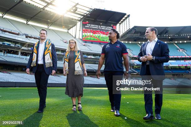 Former Wallaby James Horwill, Director Major Events Visit Victoria Kelly Dickson, Wallaby player Pone Fa’amausili of the Melbourne Rebels and Rugby...