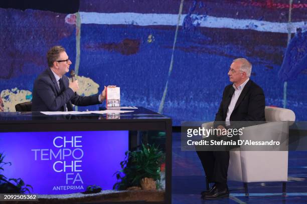 Fabio Fazio and Walter Veltroni attend the "Che Tempo Che Fa" TV show at Nove Studios on March 17, 2024 in Milan, Italy.