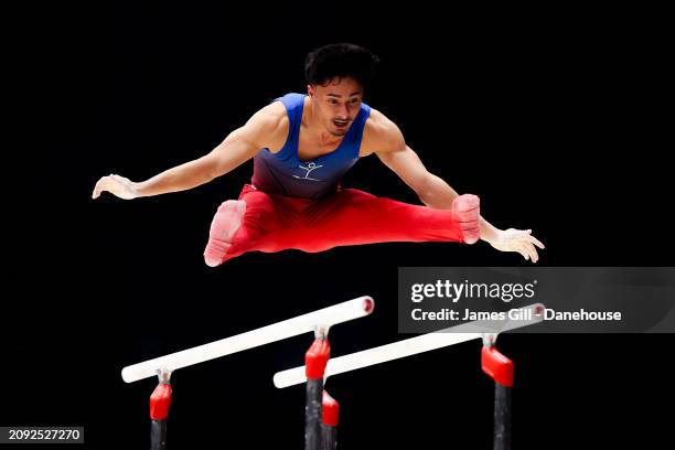 Jake Jarman of Huntingdon Olympic Gymnastics Club competes in the parallel bars during Day Four of the 2024 Gymnastics British Championships at M&S...