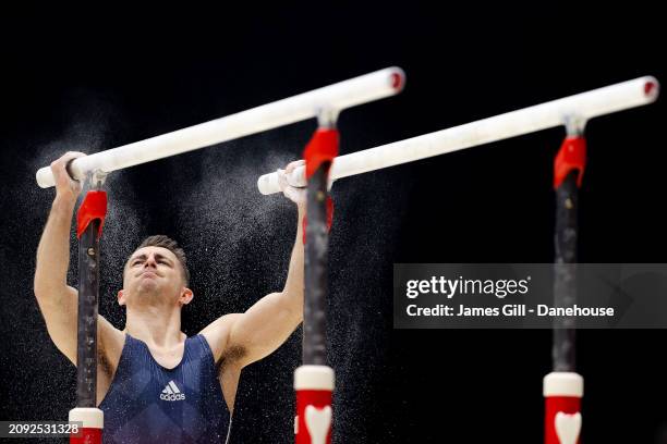 Max Whitlock OBE prepares to compete in the parallel bars during Day Four of the 2024 Gymnastics British Championships at M&S Bank Arena on March 17,...