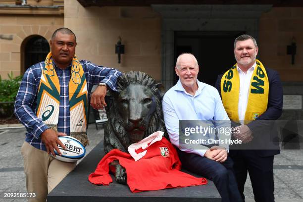 Classic Wallaby Toutai Kefu, Rugby Australia Chair Dan Herbert and Classic Wallaby Jeff Miller pose during the British & Irish Lions Tour of...