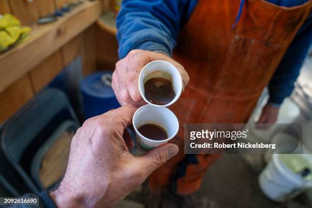 Pat LeClaire offers fresh maple syrup in a cup in the building where he boils sap collected from nearby maple trees March 8, 2024 in Charlotte,...