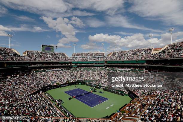 Carlos Alcaraz of Spain plays Daniil Medvedev of Russia during the Men's Final of the BNP Paribas Open at Indian Wells Tennis Garden on March 17,...