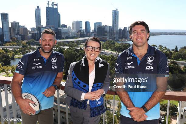 Matt Hodgson , Niamh O'Connor and Ben Donaldson pose during the British & Irish Lions Tour of Australia Tickets On Sale National Media Opportunity at...