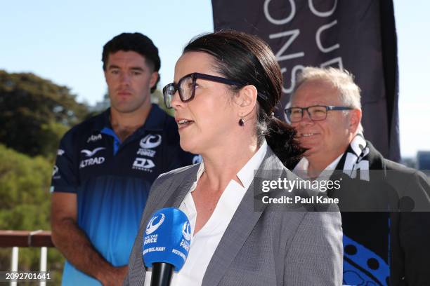 Niamh O'Connor addresses the media during the British & Irish Lions Tour of Australia Tickets On Sale National Media Opportunity at Kaarta Gar-Up...