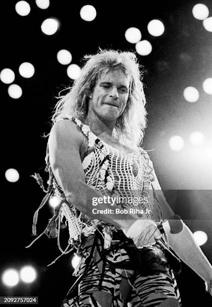 Musician David Lee Roth of the rock group Van Halen, performs onstage during US Festival concert, May 29, 1983 in Devore, California.