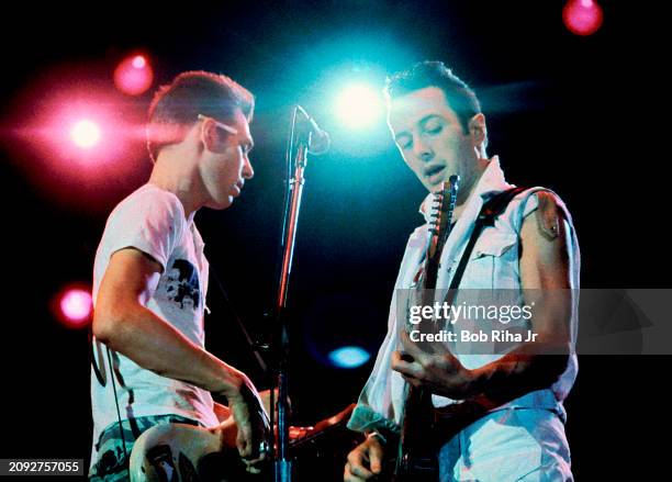 Musicians Joe Strummer and Paul Simonon with The Clash perform onstage during the US Festival at Glen Helen Regional Park, May 28, 1983 in Devore,...