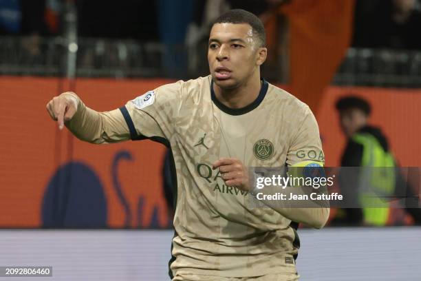 Kylian Mbappe of PSG celebrates his first goal during the Ligue 1 Uber Eats match between Montpellier HSC and Paris Saint-Germain at Stade de la...