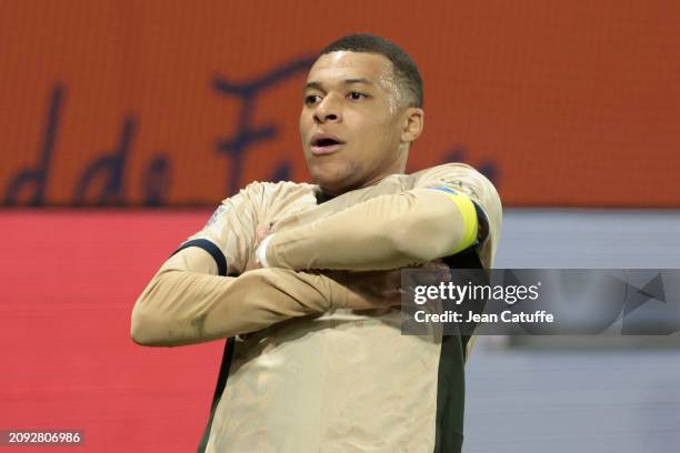 Kylian Mbappe of PSG celebrates his first goal during the Ligue 1 Uber Eats match between Montpellier HSC and Paris Saint-Germain at Stade de la...
