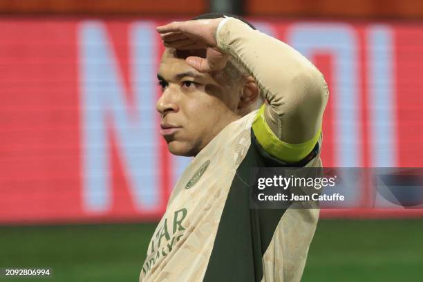 Kylian Mbappe of PSG celebrates his first goal during the Ligue 1 Uber Eats match between Montpellier HSC and Paris Saint-Germain at Stade de la...