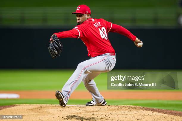 Alexis Diaz of the Cincinnati Reds pitches during the Spring Training Game against the Texas Rangers at Surprise Stadium on March 14, 2024 in...