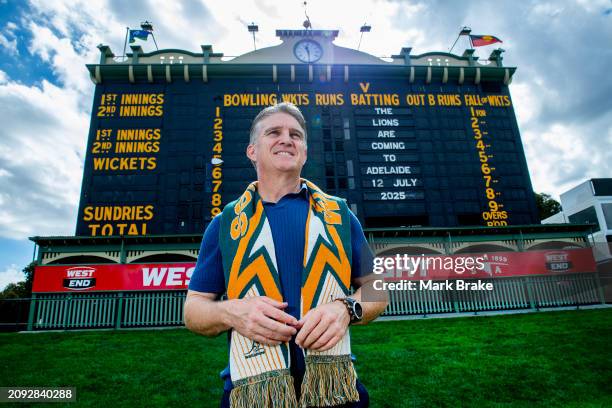 Classic Wallaby and member of the 1989 Combined Australia and New Zealand XV Tim Horan in front of the Adelaide Oval Scoreboard during the British &...