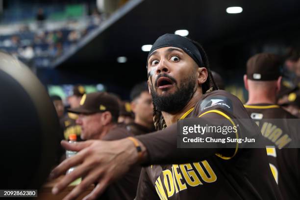 Fernando Tatis Jr. #23 of the San Diego Padres is seen in the dugout during the exhibition game between San Diego Padres and LG Twins at Gocheok Sky...