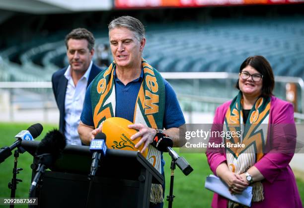 Classic Wallaby and member of the 1989 Combined Australia and New Zealand XV Tim Horan speaks to media during the British & Irish Lions Tour of...