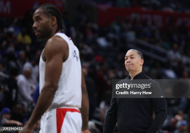 Head coach Tyronn Lue and Kawhi Leonard of the LA Clippers react after a timeout trailing the Atlanta Hawks during a 110-93 Hawks win at Crypto.com...