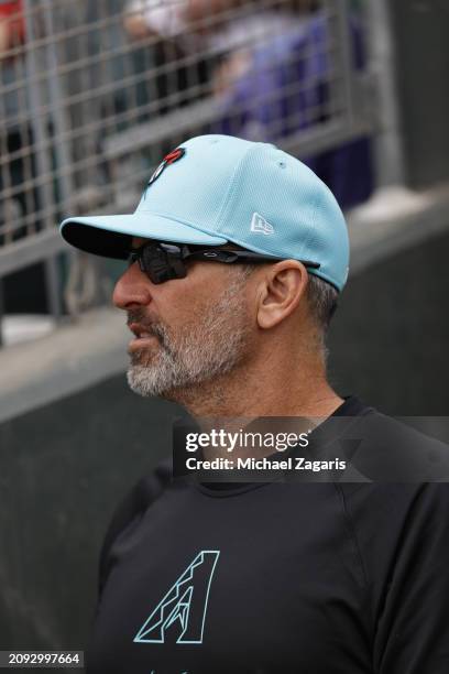 Manager Torey Lovullo of the Arizona Diamondbacks in the dugout before a spring training game against the Oakland Athletics at HoHoKam Stadium on...