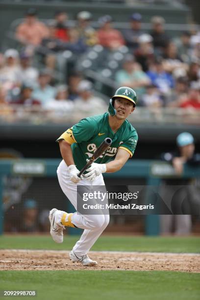 Hoy Park of the Oakland Athletics bats during a spring training game against the Arizona Diamondbacks at HoHoKam Stadium on February 26, 2024 in...