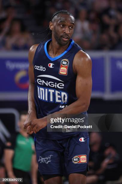 Ian Clark of United celebrates a basket during game one of the NBL Championship Grand Final Series between Melbourne United and Tasmania Jackjumpers...