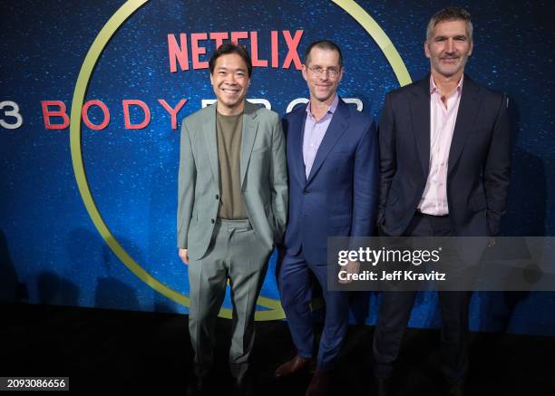 Alexander Woo, D. B. Weiss and David Benioff attend Netflix's "3 Body Problem" Los Angeles Screening Event at Nya Studios on March 17, 2024 in Los...