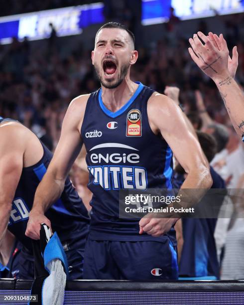 Chris Goulding of United celebrates during game one of the NBL Championship Grand Final Series between Melbourne United and Tasmania Jackjumpers at...