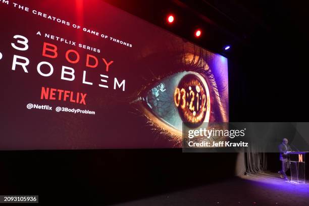 Peter Friedlander, VP, Scripted Series, Netflix speaks onstage during Netflix's "3 Body Problem" Los Angeles Screening Event at Nya Studios on March...