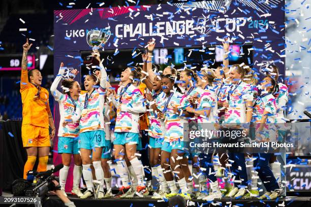 Alex Morgan 2 of the San Diego Wave lift the trophy as the team celebrates after NWSL Challenge Cup between San Diego Wave FC and NJ/NY Gotham City...