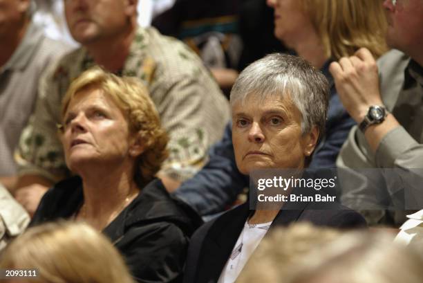 Carol Niedermayer watches her sons Rob and Scott Niedermayer during Game Six of the 2003 Stanley Cup Finals between the New Jersey Devils and the...