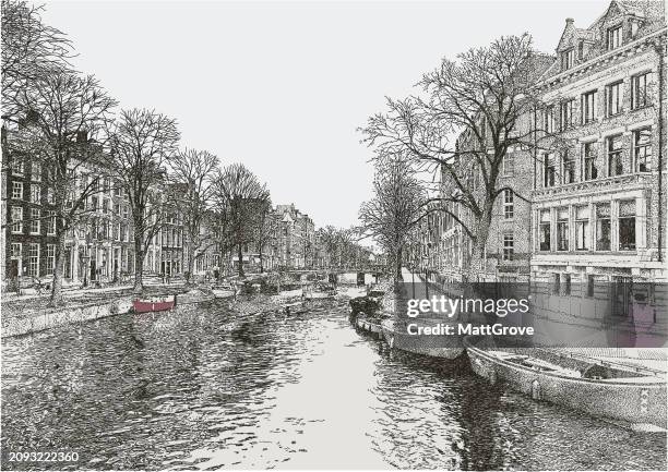 stockillustraties, clipart, cartoons en iconen met amsterdam canal scene - grachtenpand