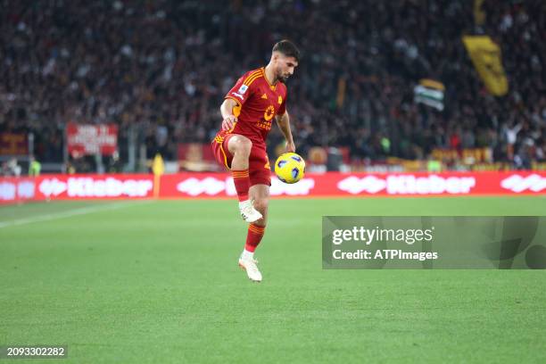 Houssem Aouar of AS Roma in action during the Italian Serie A Football match between AS Roma and Sassuolo at Stadio Olimpico on March 17, 2024 in...