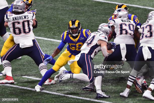 Rex Burkhead of the New England Patriots carries the ball against the Los Angeles Rams in the second half of Super Bowl LIII on February 3, 2019 at...