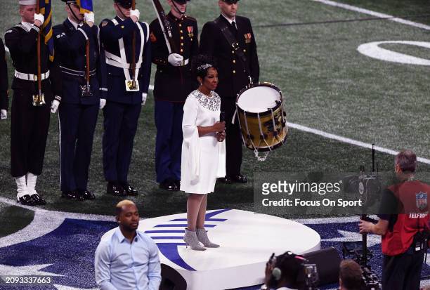 American Singer and ten-time Grammy award winner Gladys Knight sings the national anthem prior to the start of Super Bowl LIII between the New...