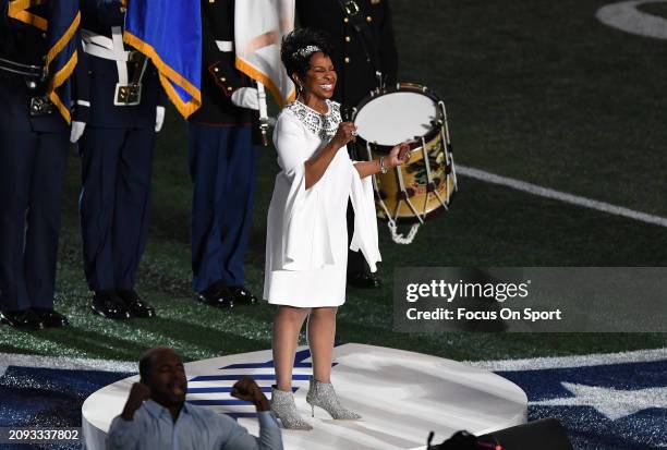 American Singer and ten-time Grammy award winner Gladys Knight sings the national anthem prior to the start of Super Bowl LIII between the New...