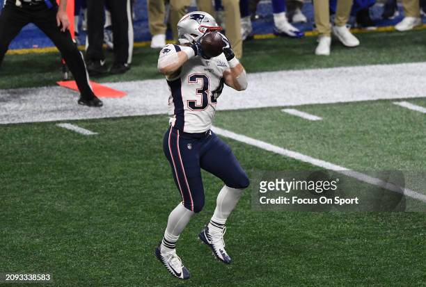 Rex Burkhead of the New England Patriots catches a pass against the Los Angeles Rams in the first half of Super Bowl LIII on February 3, 2019 at...