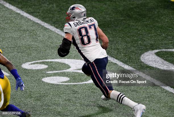 Rob Gronkowski to the New England Patriots running with the ball against the Los Angeles Rams in the first half of Super Bowl LIII on February 3,...