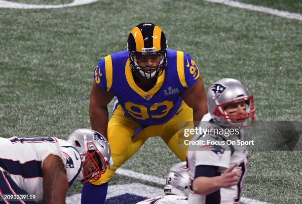 Ndamukong Suh of the Los Angeles Rams lines up on defense against the New England Patriots during the first half in Super Bowl LIII on February 3,...