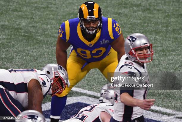 Ndamukong Suh of the Los Angeles Rams lines up on defense against the New England Patriots during the first half in Super Bowl LIII on February 3,...