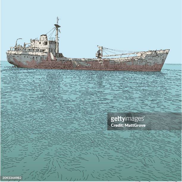 ilustraciones, imágenes clip art, dibujos animados e iconos de stock de barco varado oxidado - naufragio