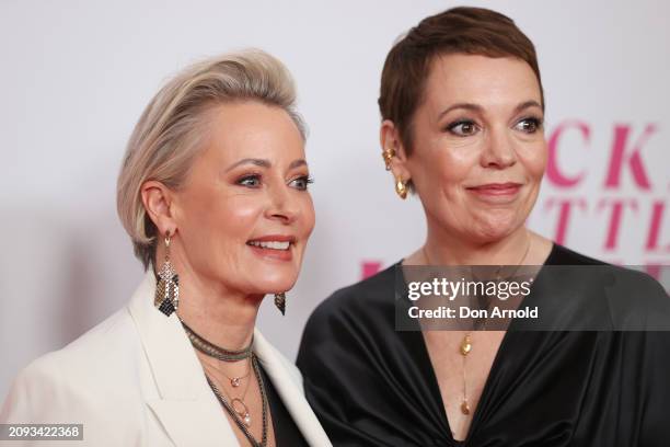 Amanda Keller and Olivia Colman attend a special screening of "Wicked Little Letters" at The Ritz Cinema on March 18, 2024 in Sydney, Australia.