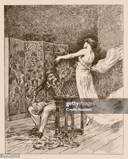 evocation ,bringing or recalling a feeling, memory, or image to the conscious mind - young couple thinking stock illustrations
