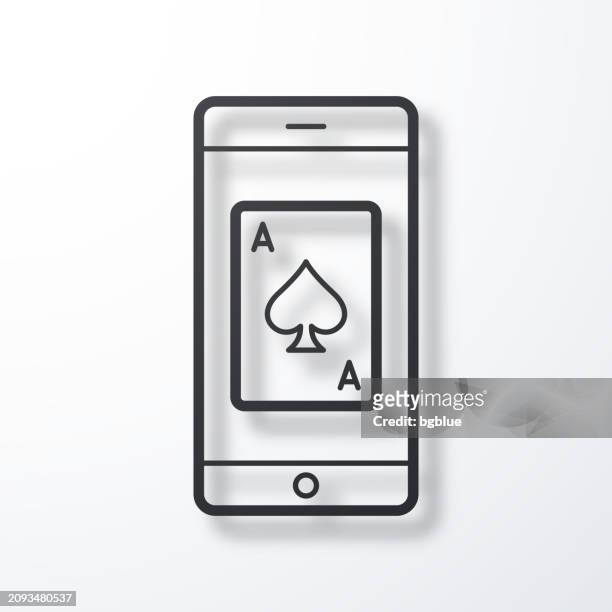 smartphone with playing card. line icon with shadow on white background - blackjack stock illustrations