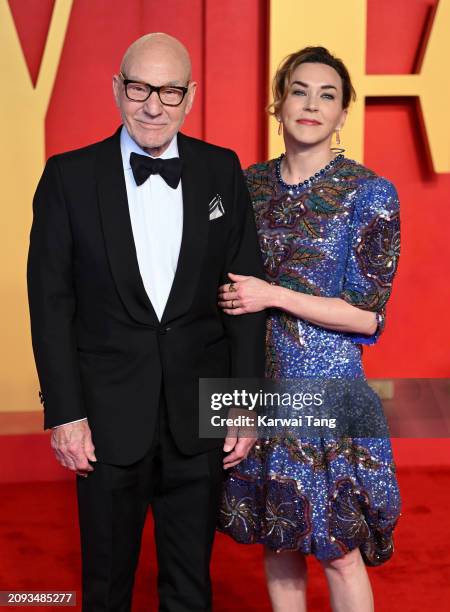 Patrick Stewart and Sunny Ozell attend the 2024 Vanity Fair Oscar Party hosted by Radhika Jones at the Wallis Annenberg Center for the Performing...