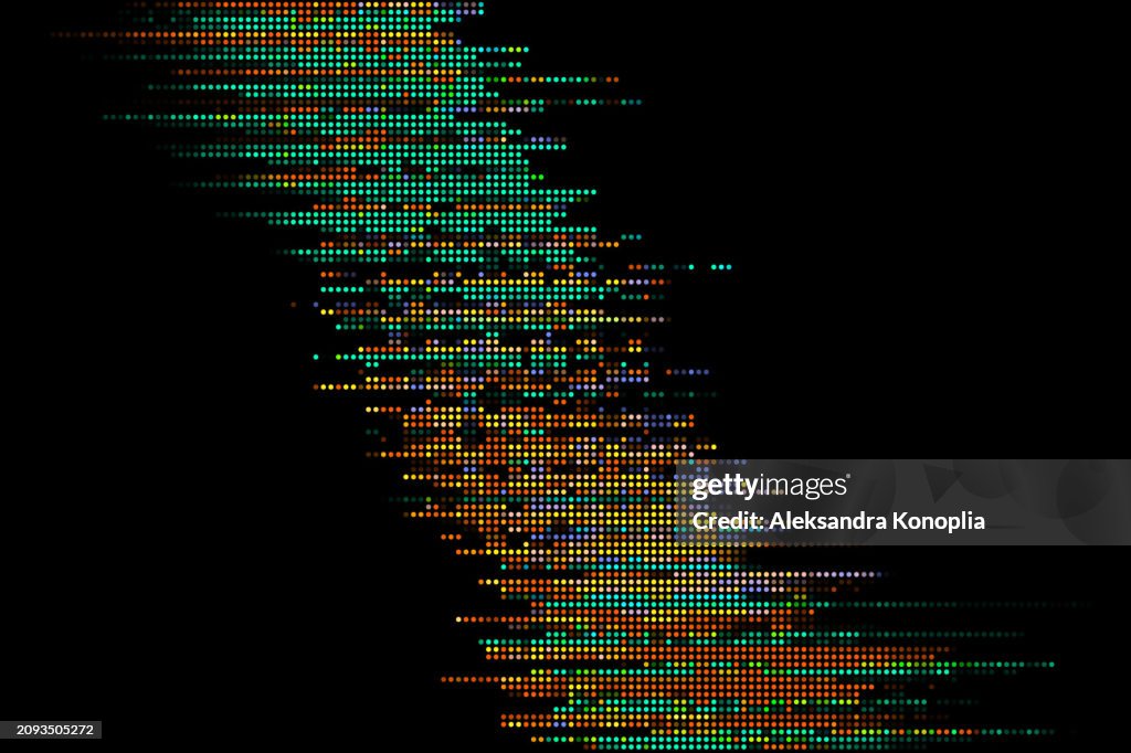 Abstract led screen texture, Dot RGB tv background, Half tone dots, Motion Glitch interlaced Multicolored Distorted textured futuristic design with Circle color Variation Horizontal striped Pattern. Digital signal, Broadcasting error border.