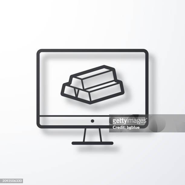 desktop-computer mit goldbarren. liniensymbol mit schatten auf weißem hintergrund - 3d data bars stock-grafiken, -clipart, -cartoons und -symbole
