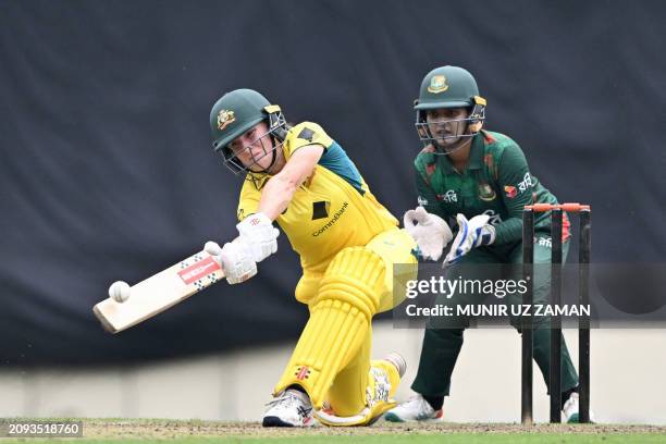 Australia's Annabel Sutherland plays a shot during the first one-day international cricket match between Bangladesh and Australia at Sher-e-Bangla...