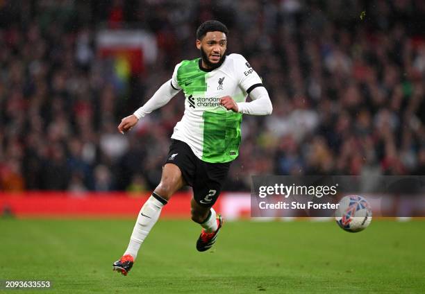 Liverpool player Joe Gomez in action during the Emirates FA Cup Quarter Final match between Manchester United and Liverpool at Old Trafford on March...