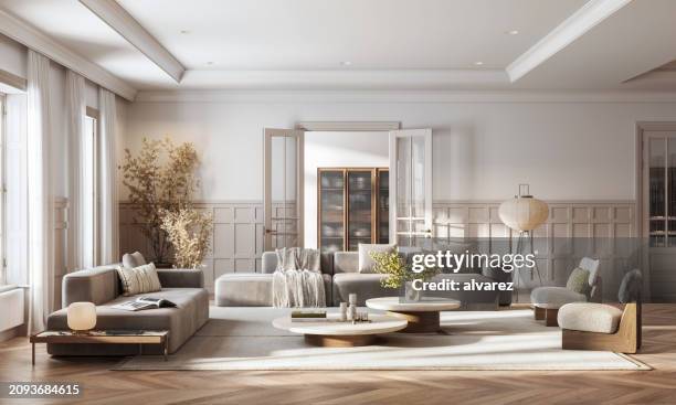 digitally created spacious modern living room - indoors stock pictures, royalty-free photos & images