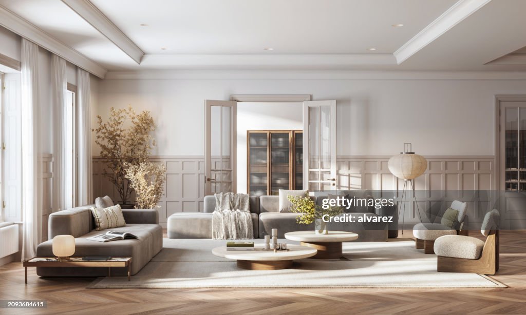 Sala de estar moderna e espaçosa criada digitalmente